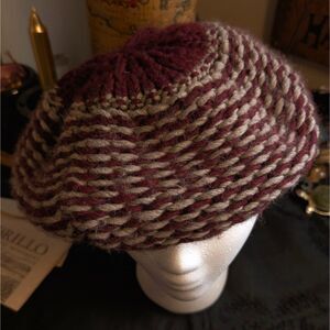 Crochet Knit Beanie Beret Unisex One Size Burgundy Gray